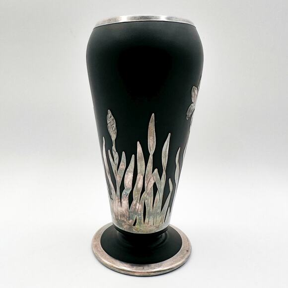 Vintage Black Satin Glass Vase with Sterling Silver Iris Overlay Art Deco Style - Picture 10 of 13